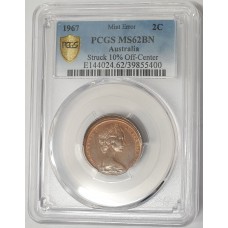 AUSTRALIA 1967 . TWO 2 CENTS COIN . ERROR . OFF CENTRE MIS-STRIKE